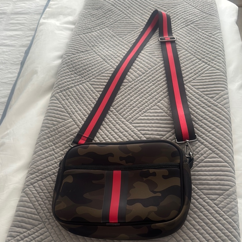 Haute Shore Neoprene Camouflage Crossbody Bag with Red Accents